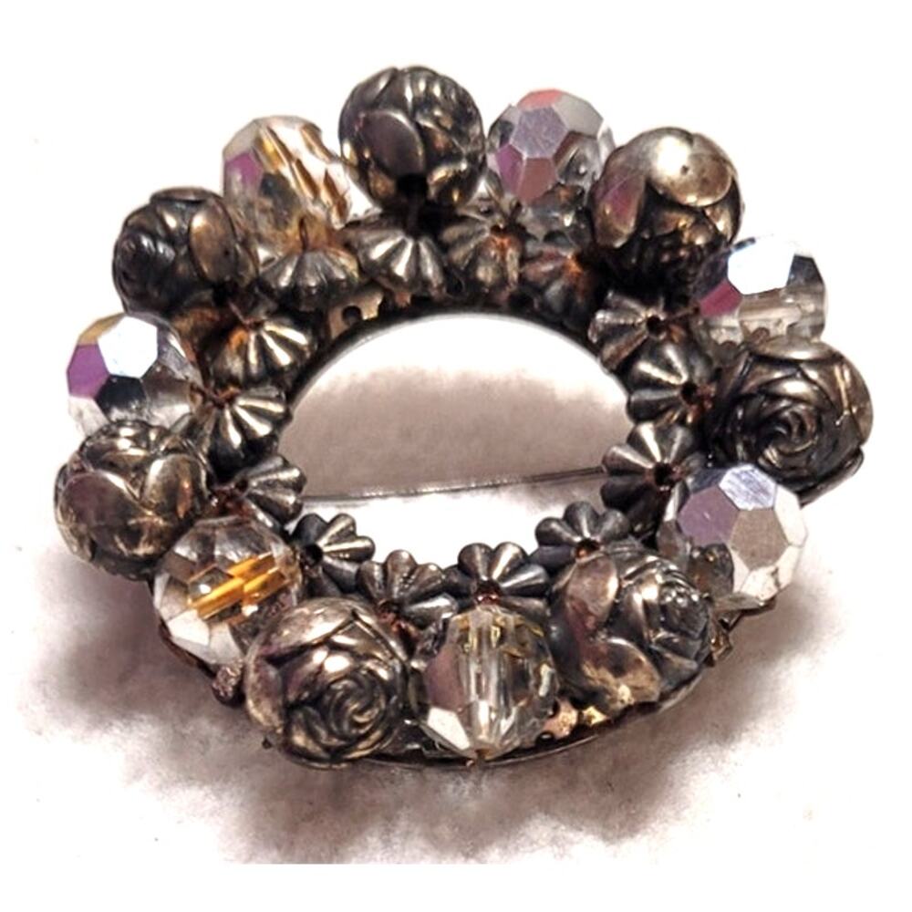 Vintage Aurora Borealis Rhinestone Wreath Brooch Silver Tone Rose Bead Pin
